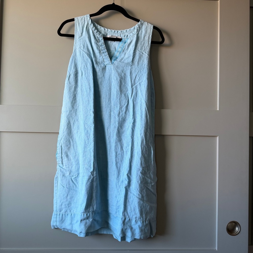 Tommy Bahama Shift Dress Womens Medium Blue Sleeveless Linen V-Neck Pockets